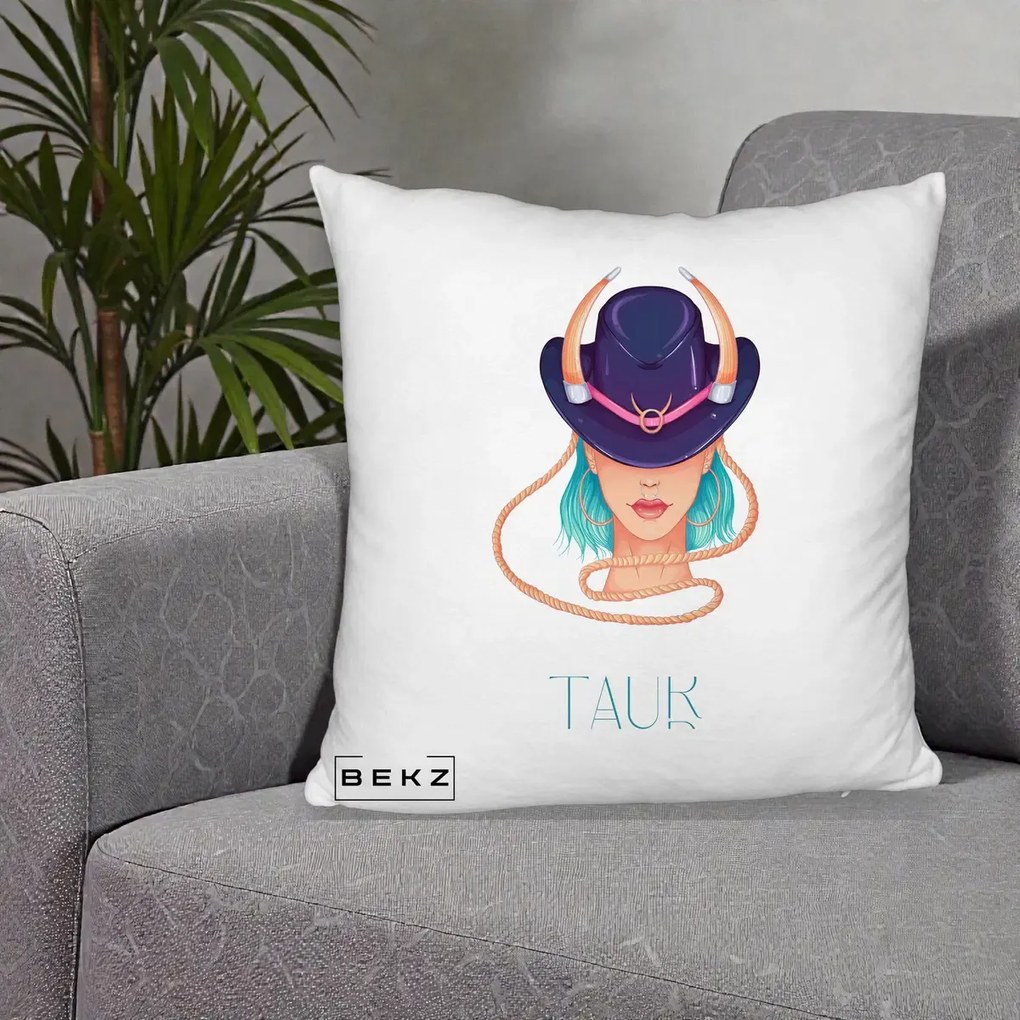 Perna Personalizata Zodie Taur, 40x40 cm, Alb Pufos, Husa Detasabila, Perna Inclusa, BEKZ®