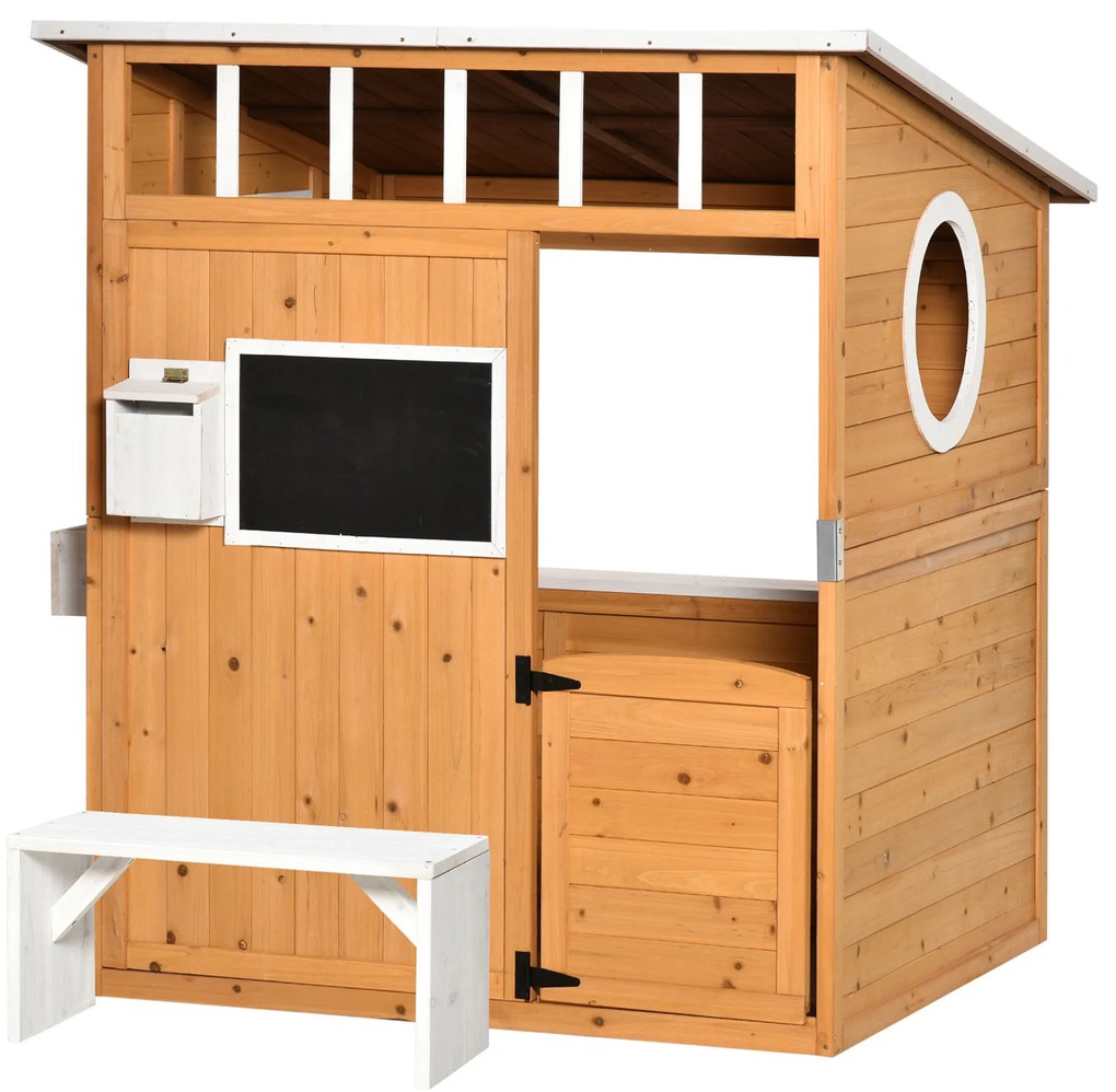 Outsunny Cabană de joacă pentru copii casă de grădină din lemn cu ușă și ferestre, banc, cutie poștală, tablou, de la 3 la 8 ani | Aosom Romania