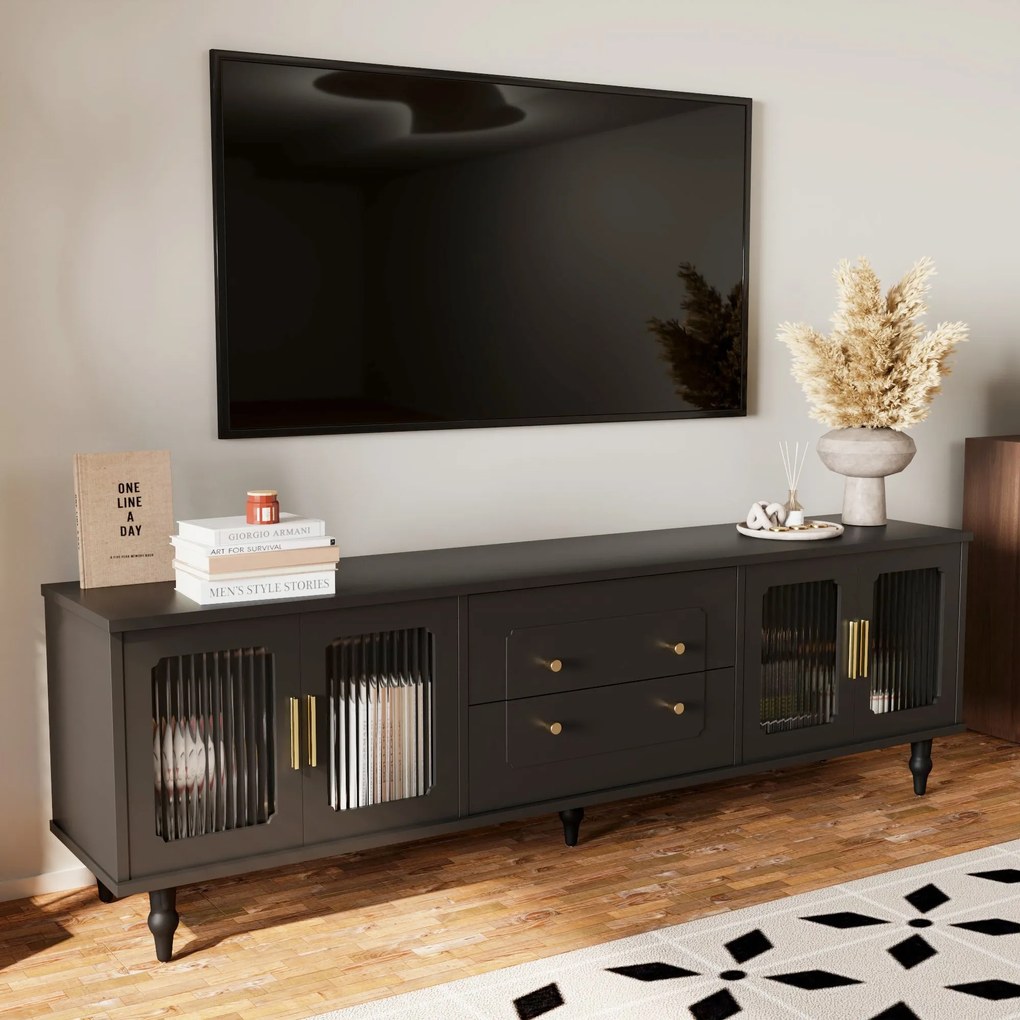 Mobilier TV Retro cu Mânere Aurii, Spațiu Generos de Depozitare, Ușă din Sticlă și Picioare din Lemn Masiv, 175x38x55,5 cm, Negru