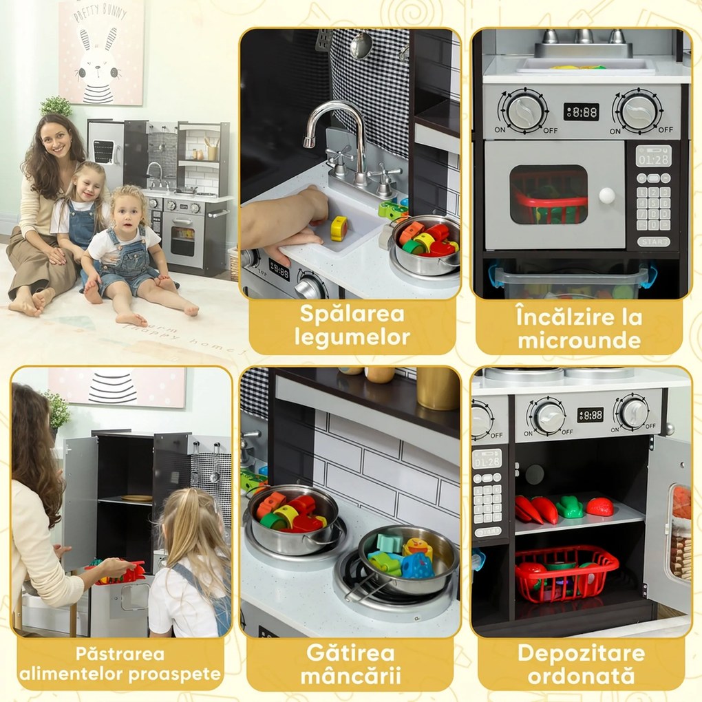 AIYAPLAY Bucătărie de Jucărie pentru Copii 3-8 Ani din Lemn cu Accesorii, Frigider, Chiuvetă și Buton cu Sunete, Maro | Aosom Romania