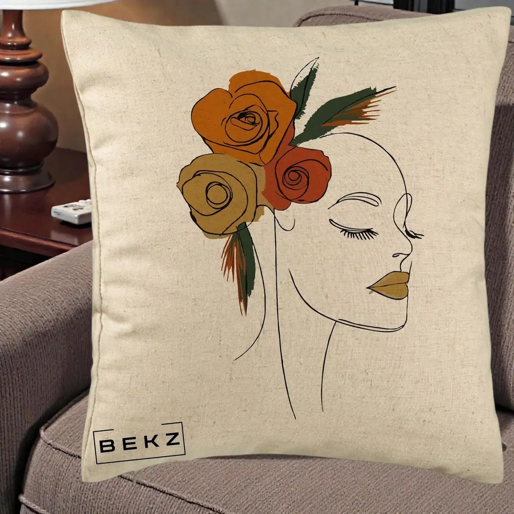 Perna Decorativa Portret Feminin Trandafiri Ruginii, 40x40 cm, Bej, Husa Detasabila, Perna Inclusa, BEKZ®