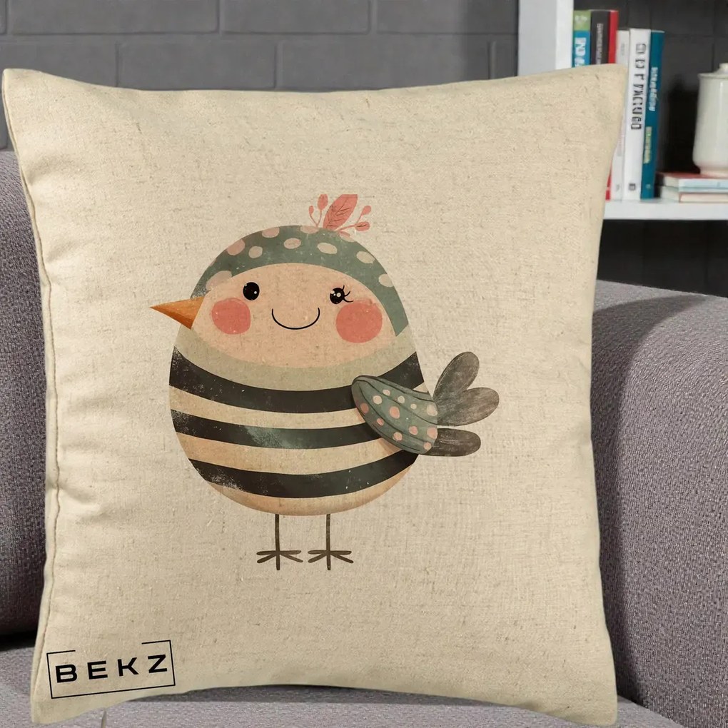 Perna Decorativa Pui Kawaii Teal cu Flori, 40x40 cm, Bej, Husa Detasabila, Perna Inclusa, BEKZ®