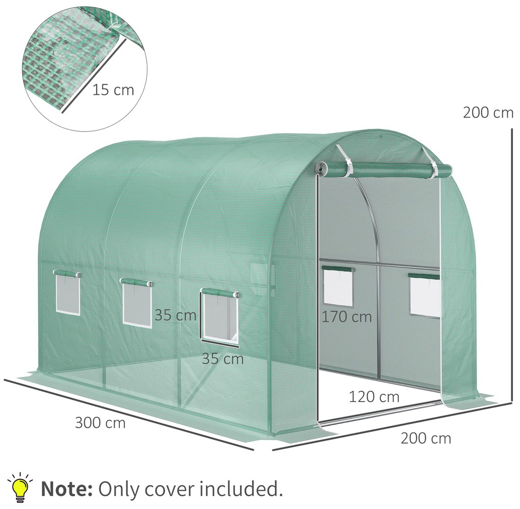 Învelitoare pentru seră Outsunny PE cu 12 ferestre, ușă rulabilă și margini îngropate, 3x2x2 m, de culoare verde | Aosom Romania