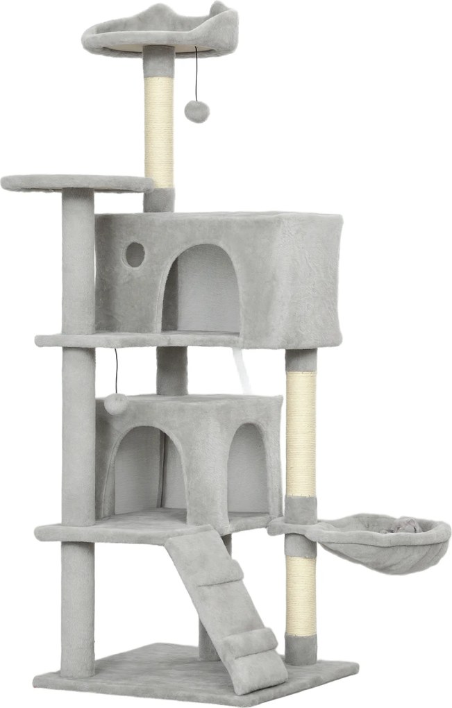 PawHut Arbore Zgâriător pentru Pisici Înalt de 140 cm cu 2 Căsuțe, Hamac, Pat și Stâlpi din Sisal, Gri | Aosom Romania