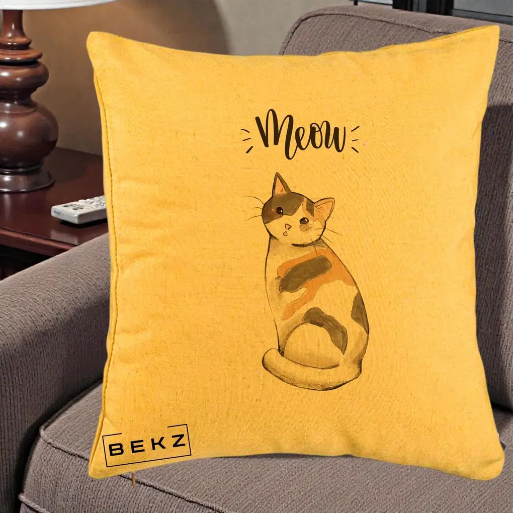 Perna Personalizata Pisica Meow Acuarela, 40x40 cm, Galben, Husa Detasabila, Perna Inclusa, BEKZ®