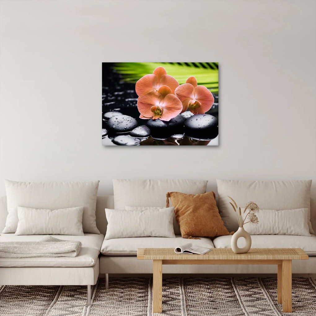Tablou - Orhidee portocalie cu frunze de palmier (70x50 cm)