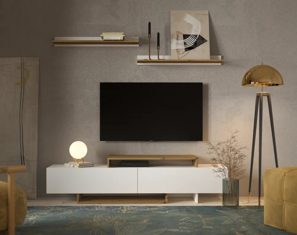 Mobilier de perete living, alb/stejar artisan, MILONA