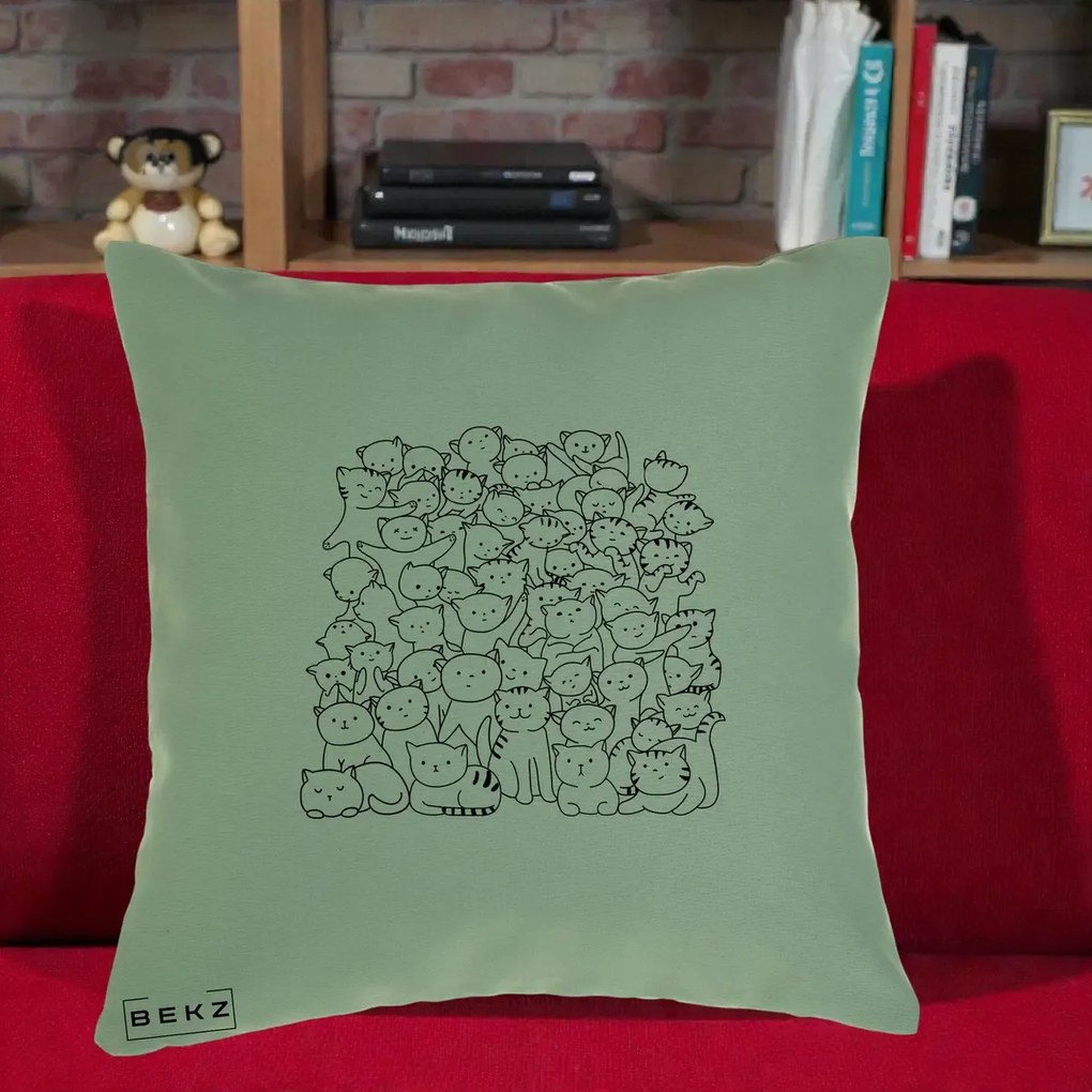 Perna Personalizata Many Cats Pattern Alb-Negru, 40x40 cm, Verde, Husa Detasabila, Perna Inclusa, BEKZ®