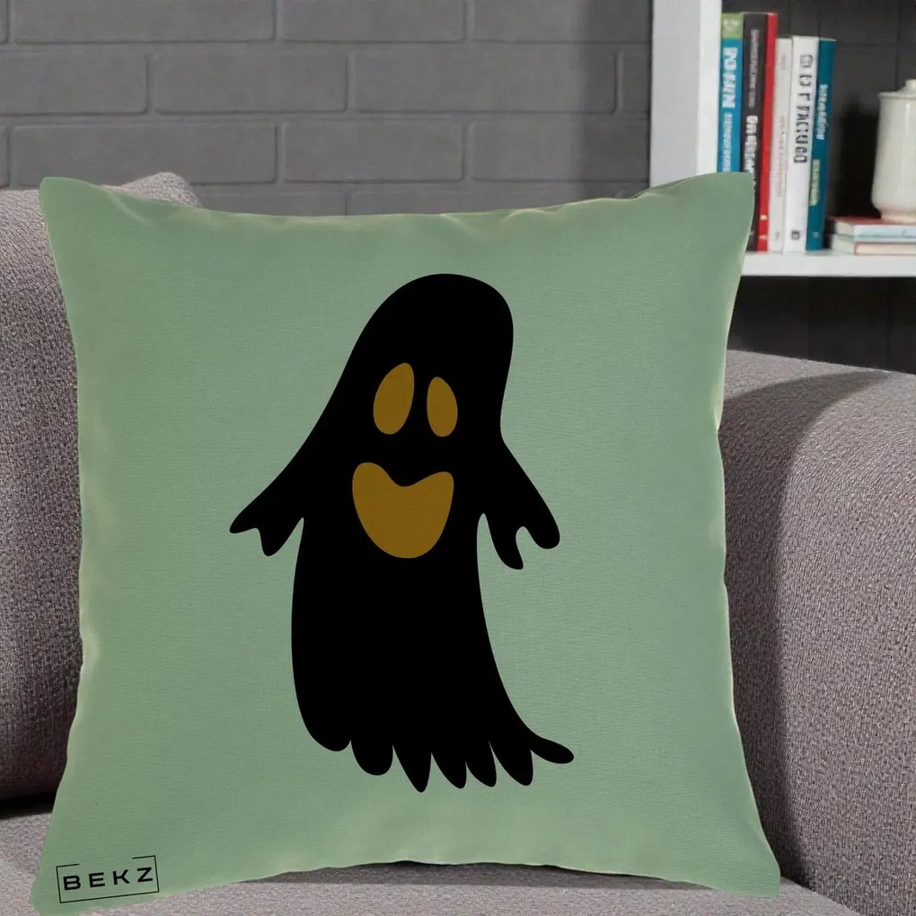 Perna Decorativa Halloween Fantoma Neagra cu Ochi Portocalii, 40x40 cm, Verde, Husa Detasabila, Perna Inclusa, BEKZ®