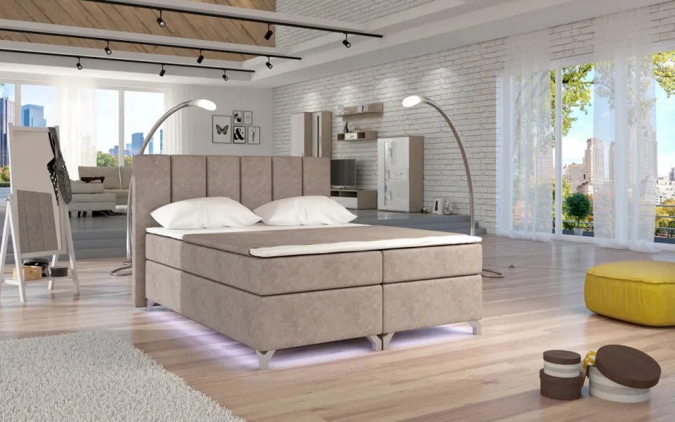 Pat tapitat boxspring, cu spatiu pentru depozitare, echipat cu LED, 160X200 cm, Basilio 2, Eltap (Culoare: Albastru)