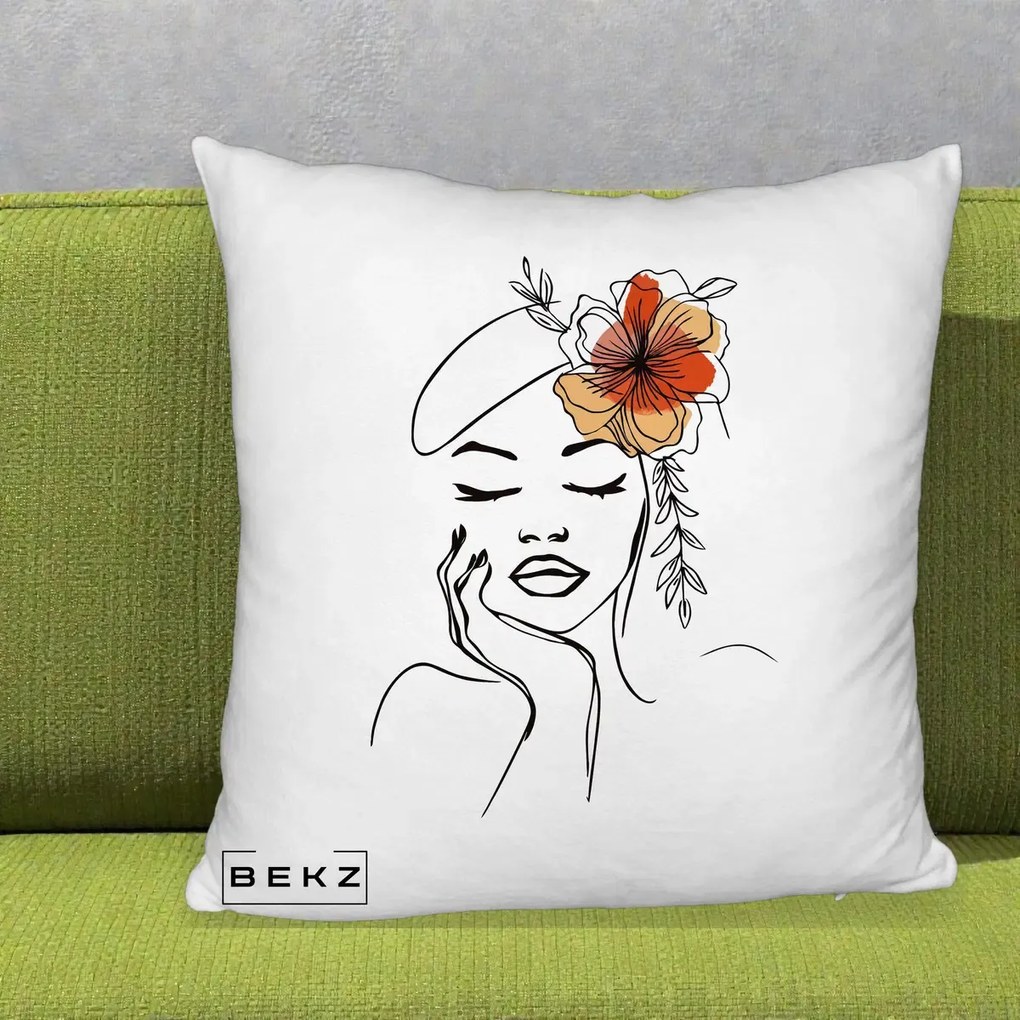 Perna Decorativa Portret Feminin Flori Palarie, 40x40 cm, Alb Pufos, Husa Detasabila, Perna Inclusa, BEKZ®