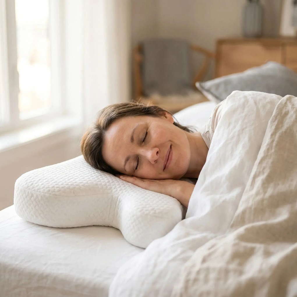 Perna cervicala ortopedica CERVI-SAN Antirid, memory foam maruntit anti-riduri, husa Tencel
