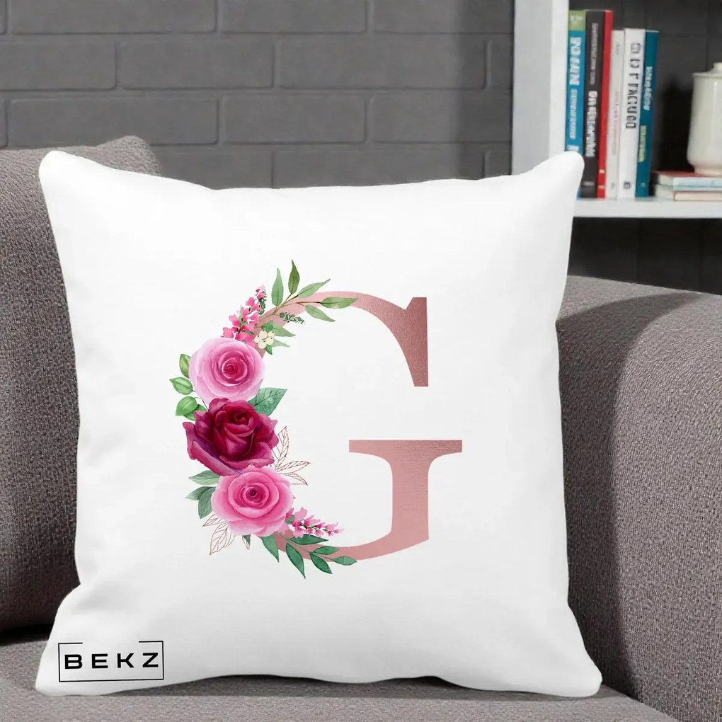 Cadou Personalizat - Perna Personalizata Monograma Rose Gold Litera G, 40x40 cm, Alba Mata, Husa Detasabila, Perna Inclusa, BEKZ®