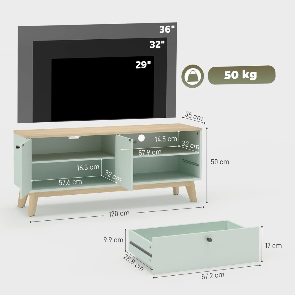 HOMCOM Comodă TV 120 cm, corp TV pentru televizoare până la 91,4 cm cu 2 uși, sertar, compartiment deschis, verde deschis | Aosom Romania