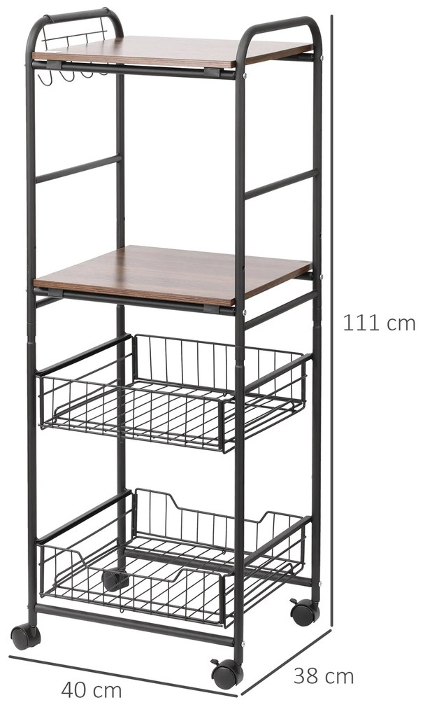 HOMCOM Cărucior Bucătărie cu 2 Coșuri Metalice Detașabile, Rafturi PAL, Cârlige Laterale, 40x38x111cm, Nuc | Aosom Romania