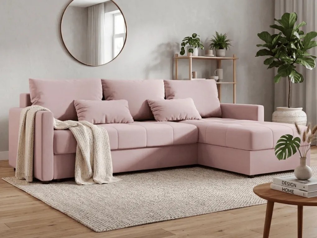 Coltar extensibil de colt VENORIA, roz pudra, reversibil, 220x143 cm + 2 perne GRATUIT