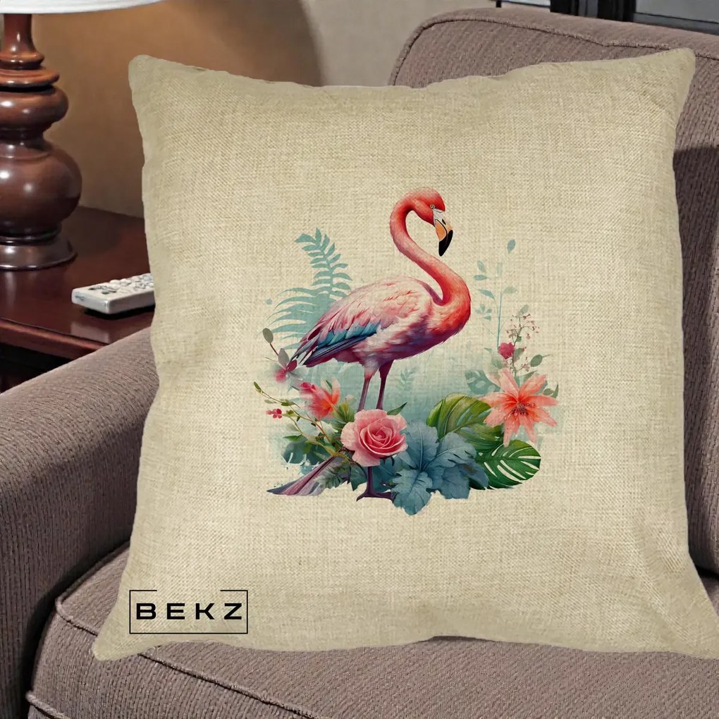 Perna Decorativa Flamingo cu Flori Tropicale Acuarela, 40x40 cm, Crem, Husa Detasabila, Perna Inclusa, BEKZ®