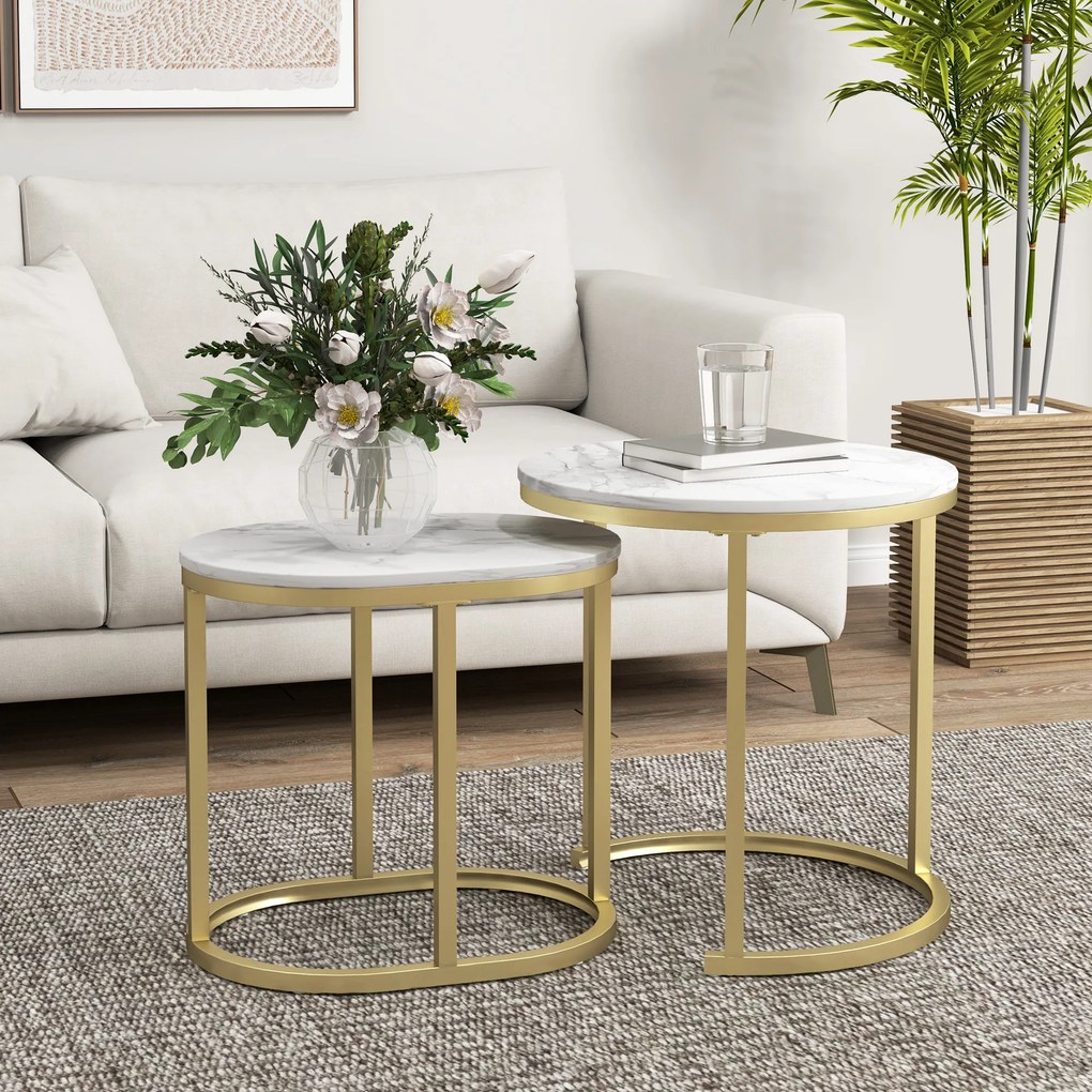 HOMCOM Set 2 Măsuțe de Cafea cu Blat cu Efect de Marmură din MDF și Oțel, Ø50x50.5 cm și 60x36x43.5 cm, Alb și Auriu | Aosom Romania
