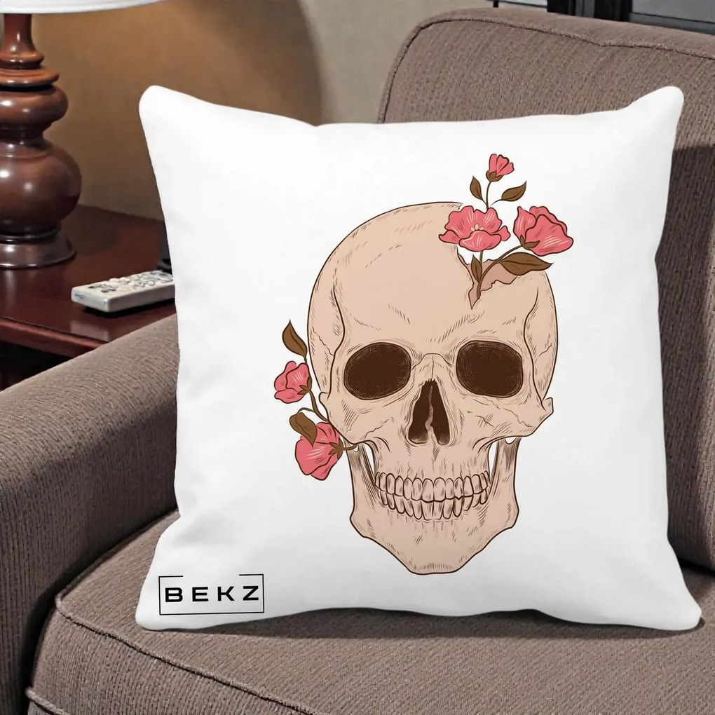 Perna Decorativa Craniu Floral Gothic, 40x40 cm, Alba Mata, Husa Detasabila, Perna Inclusa, BEKZ®