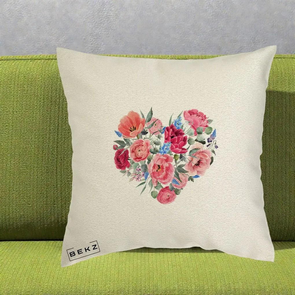 Perna Decorativa Inima din Bujori Acuarela, 40x40 cm, Ecru, Husa Detasabila, Perna Inclusa, BEKZ®
