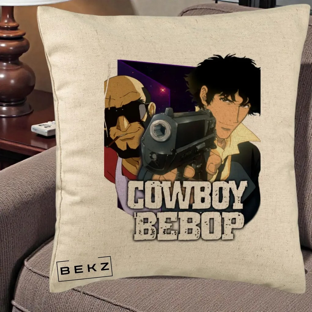 Perna Personalizata Cowboy Bebop Spike si Jet Poster, 40x40 cm, Bej, Husa Detasabila, Perna Inclusa, BEKZ®