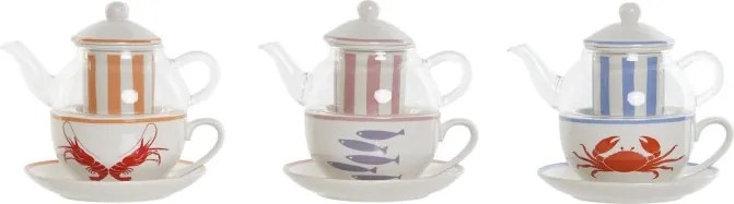 Set ceainic și cană din sticlă și porțelan cu motive marine, 250 ml, 16,5×13,5×14 cm, „Aigua"