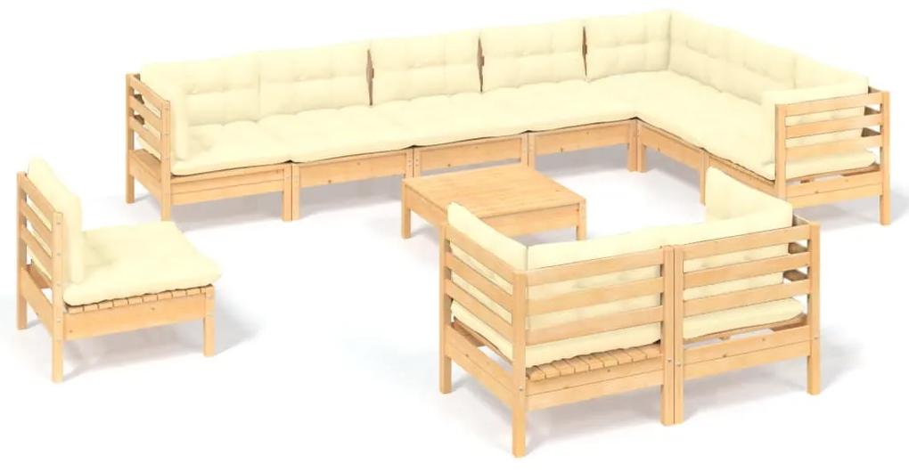 Set mobilier gradina cu perne crem, 11 piese, lemn masiv de pin maro si crem, 11