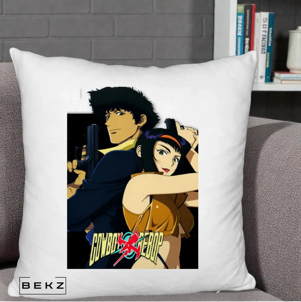 Perna Personalizata Cowboy Bebop Spike si Faye Poster, 40x40 cm, Alb Pufos, Husa Detasabila, Perna Inclusa, BEKZ®