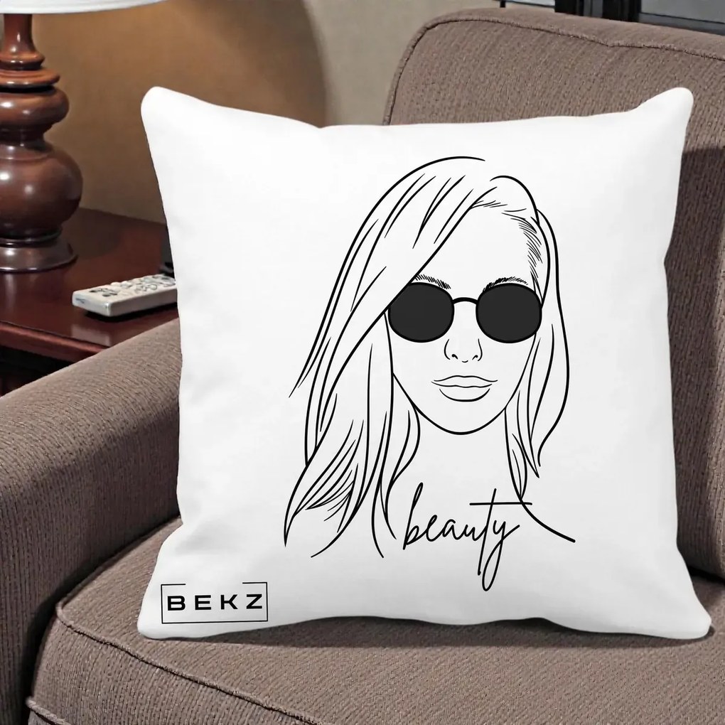Perna Decorativa Beauty Girl Line Art, 40x40 cm, Alba Mata, Husa Detasabila, Perna Inclusa, BEKZ®