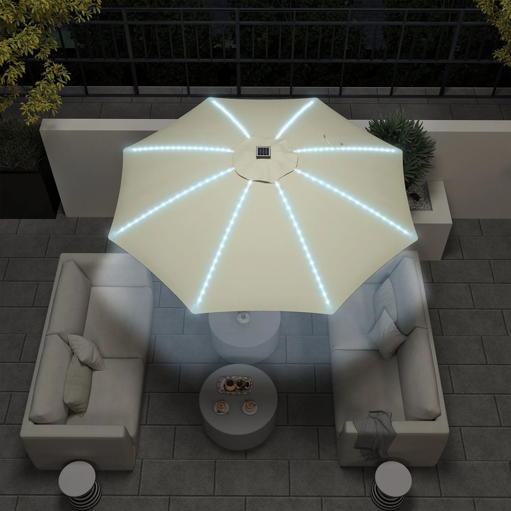 Outsunny Umbrelă Terasă Exterioară cu Lumini LED Protecție UV50+ Stâlp din Aluminiu Manivelă Acoperiș Ventilat Ø300x256 cm Crem | Aosom Romania