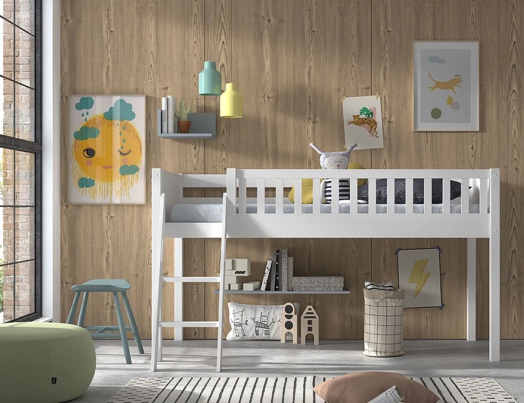 Set complet pat semi-supraetajat SCOTT pentru copii, alb, 90 x 200 cm, din pin scandinav masiv, cu scară, sertare + 3 buzunare depozitare + perdea de