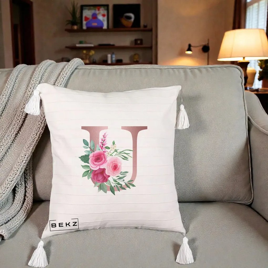 Cadou Personalizat - Perna Personalizata Monograma Rose Gold Litera U, 40x40 cm, Bej cu Franjuri, Husa Detasabila, Perna Inclusa, BEKZ®