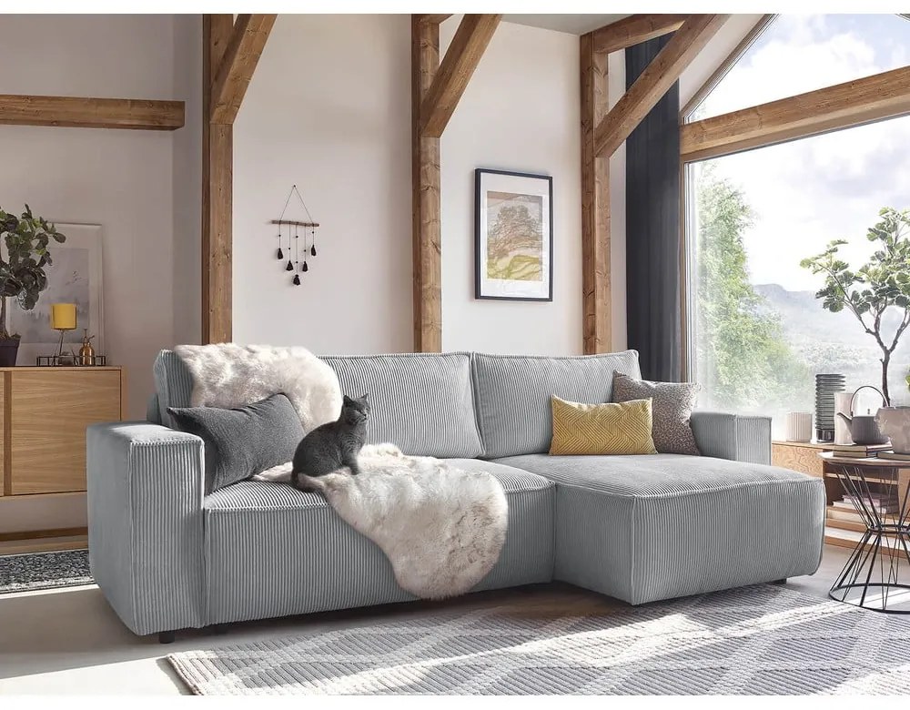 Colțar gri deschis extensibil cu tapițerie din catifea reiată (cu colț variabil) Nihad – Bobochic Paris