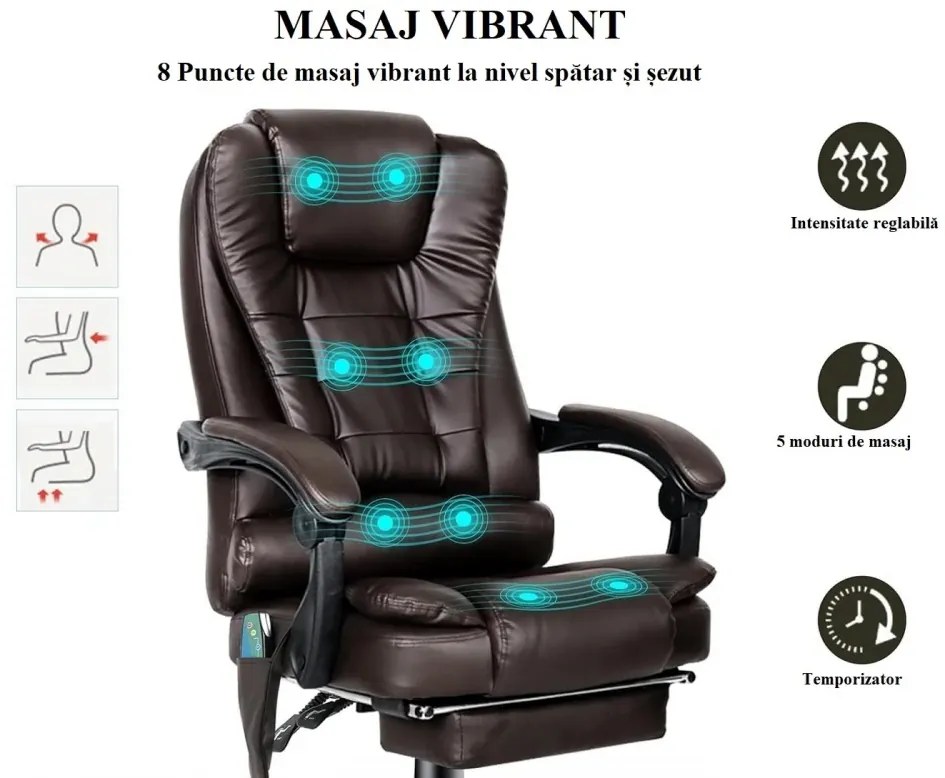 Scaun directorial cu Masaj si Incalzire, functie sezlong, suport picioare, piele PU, Maro