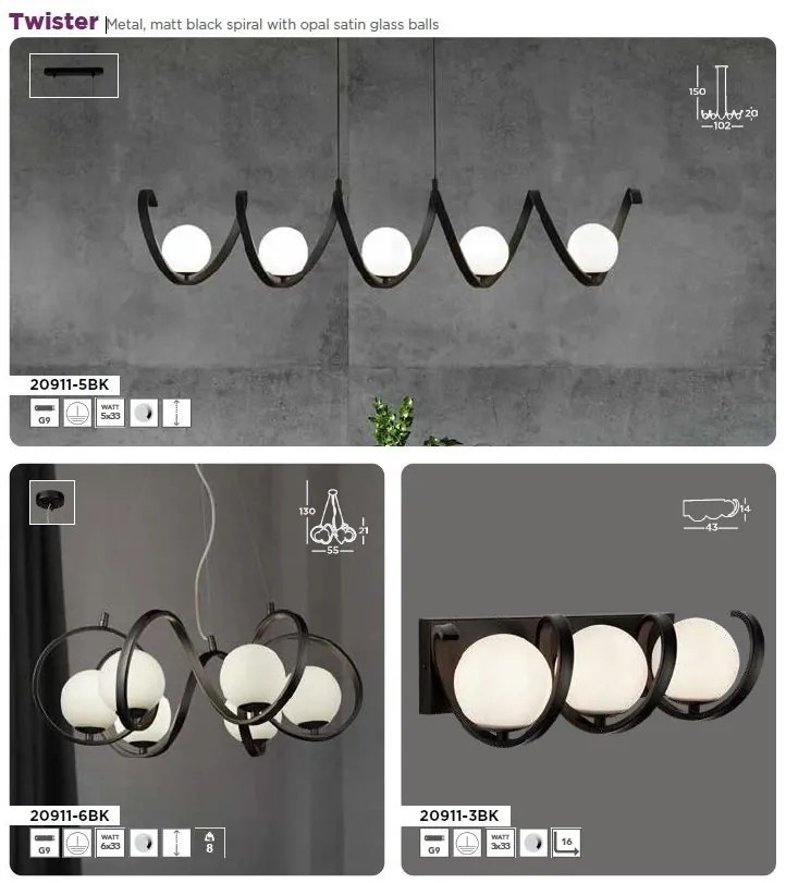 Lustra modern spirala metalica neagra si 5 bile de sticla Twister