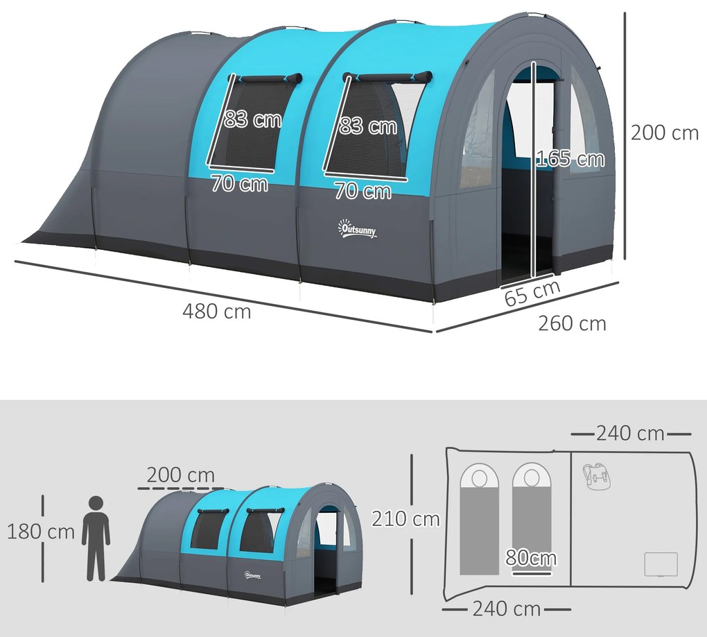 Outsunny Cort de Camping Impermeabil, Cort cu 5 Locuri, Zonă Separată de Dormit și Living, 480x260x200 cm, Gri și Albastru | Aosom Romania