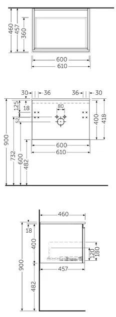 Mobilier pentru lavoar Rak, Joy-Uno 60 cm, suspendat, 1 sertar, moka walnut