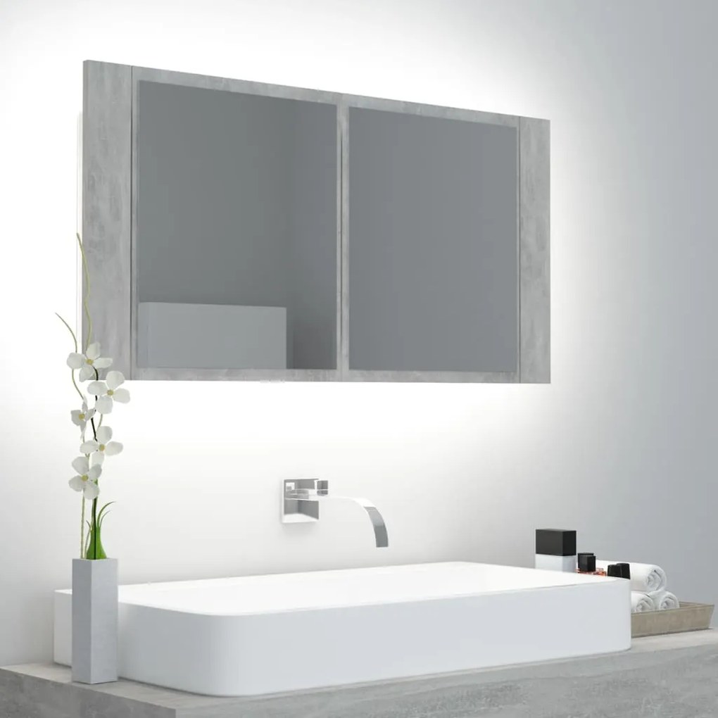 804976 vidaXL Dulap de baie cu oglindă & LED, gri beton, 90x12x45 cm acril