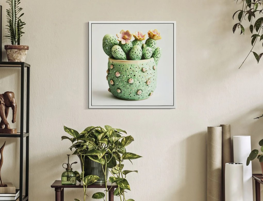 Mauro Ferretti Tablou Imprimat Pe Pânză Lacuită, Cu Ramă, Model ,,Borcan Cu Cactus" Înălțime 40 X Grosime 2,8 X Lățime 40 Cm | Aosom Romania