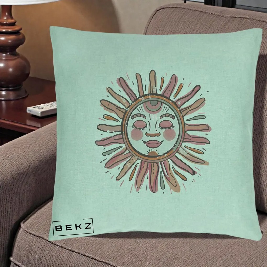 Perna Decorativa Soare Roz Tribal, 40x40 cm, Verde Menta, Husa Detasabila, Perna Inclusa, BEKZ®