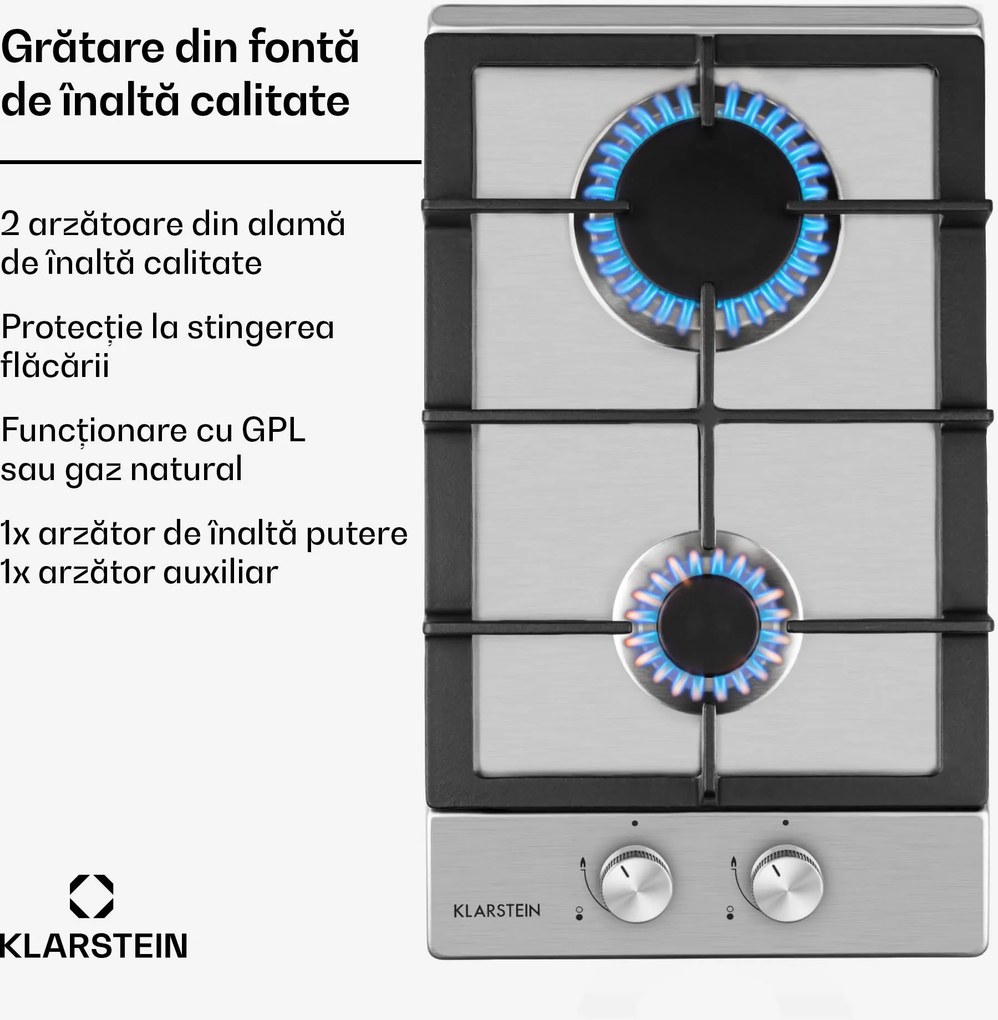 Klarstein Ignito Domino, plită pe gaz, 2 arzătoare Sabaf, oțel inoxidabil, argintiu