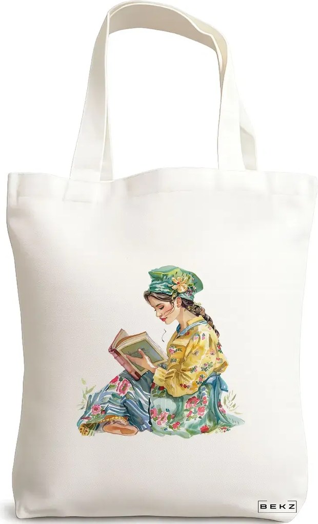 Sacosa de Panza pentru Cumparaturi, Geanta Tote, model The bookie girl 38 38 x 34.5 cm, Alba, BEKZ®
