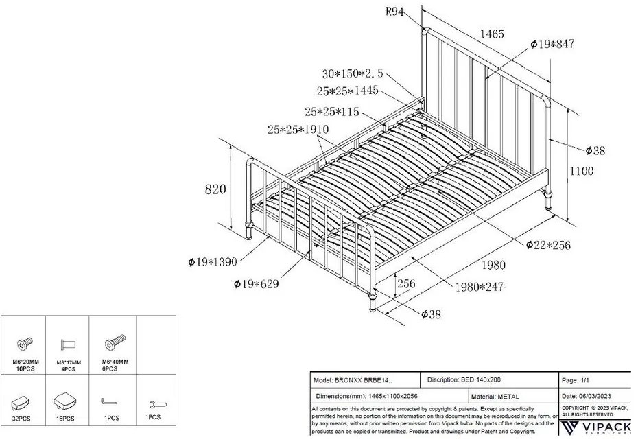 Pat matrimonial albastru din metal cu somieră 140x200 cm BRONXX – Vipack