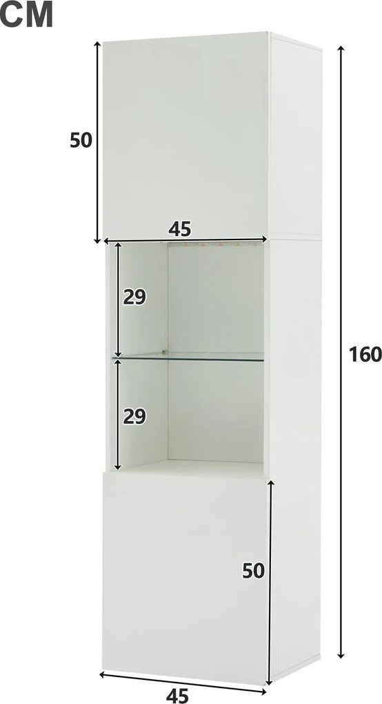 Vitrină lucioasă cu iluminare LED, 1 raft de sticlă, 45x35x160 cm, Alb