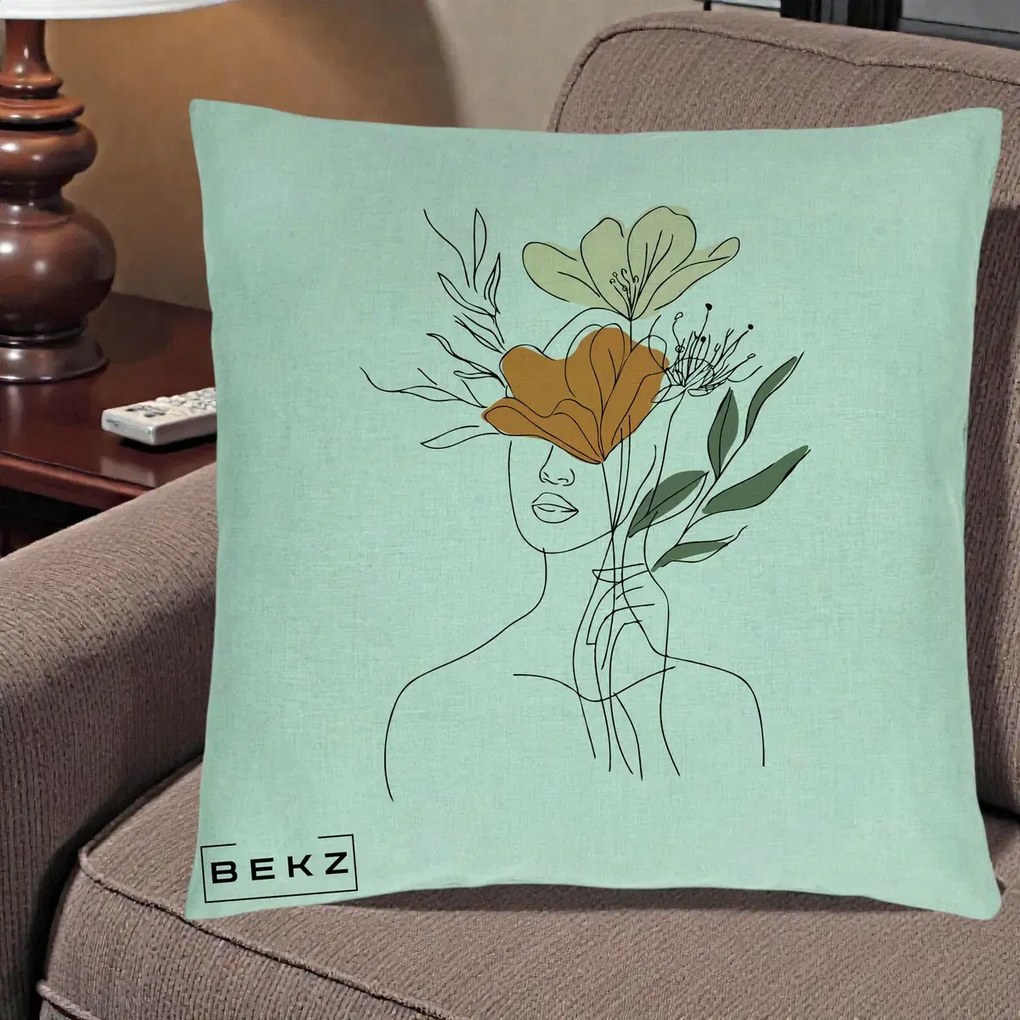 Perna Decorativa Portret Feminin Coroana Florala, 40x40 cm, Verde Menta, Husa Detasabila, Perna Inclusa, BEKZ®