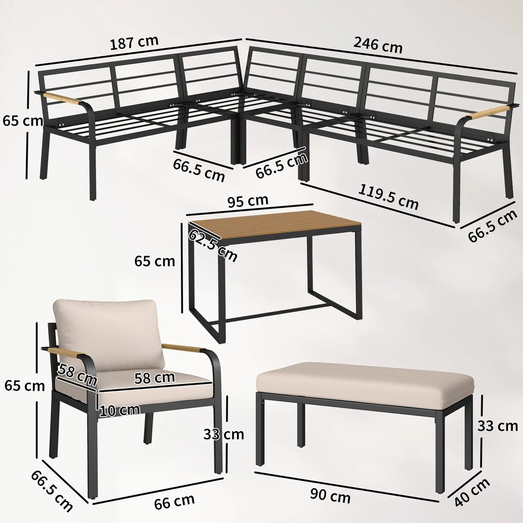 Outsunny Set mobilier grădină 7 piese Colțar modular exterior cu masă WPC și pouf bej și gri | Aosom Romania