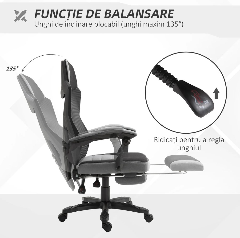 Vinsetto Scaun de Birou Ergonomic Reclinabil cu Suport Picioare Retractabil, Gri | Aosom Romania