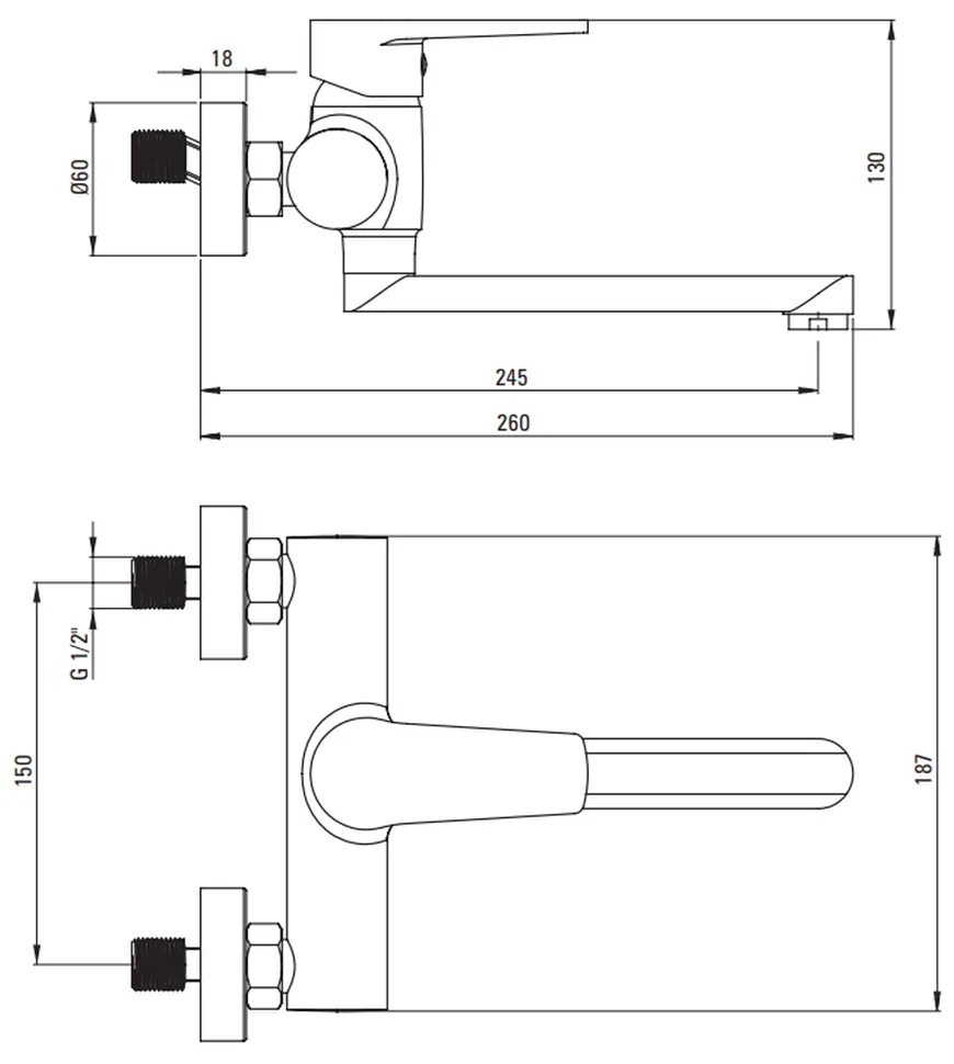 Baterie chiuveta bucatarie crom cu montare perete, pipa 245 mm, Deante Tubo 245 mm