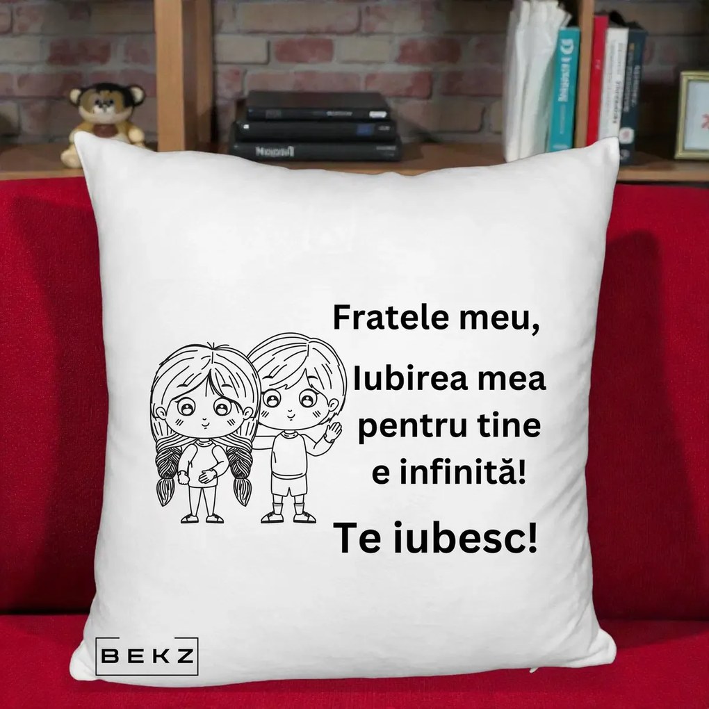 Cadou pentru Frate - Perna Personalizata Fratele Meu Te Iubesc Copii Anime Line Art Negru, 40x40 cm, Alb Pufos, Husa Detasabila, Perna Inclusa, BEKZ®