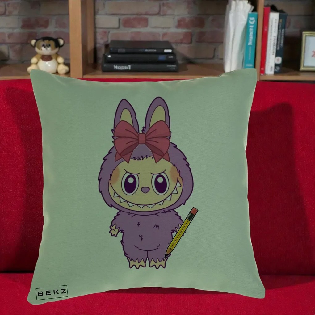 Perna Personalizata Labubu Mov cu Funda Rosie si Creion, 40x40 cm, Verde, Husa Detasabila, Perna Inclusa, BEKZ®